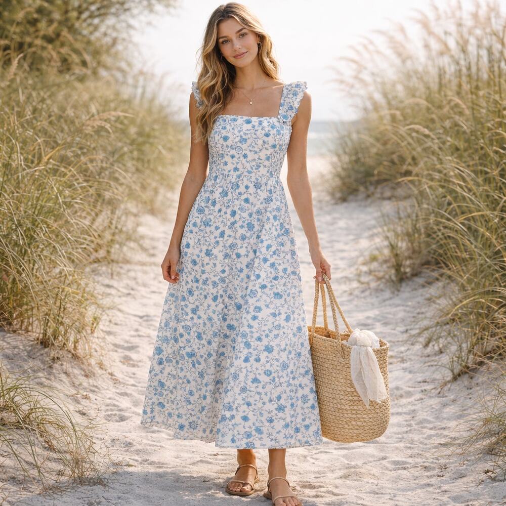 Draper James Blue and White Floral Midi Dress